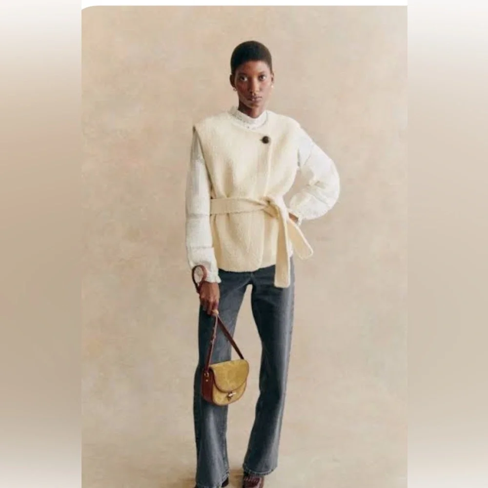 SEZANE Sebastine Quiet Luxury Cream Sleeveless Belted Wool Jacket NWT Size 8 - Picture 1 of 10